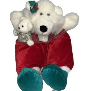 Commonwealth Vintage Christmas Holiday WHITE TEDDY BEAR Plush 15" 1992 Suspender